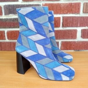 NWOT Jeffrey Campbell 'Versus' Square Toe Patchwork Ankle Boots in Blue Suede